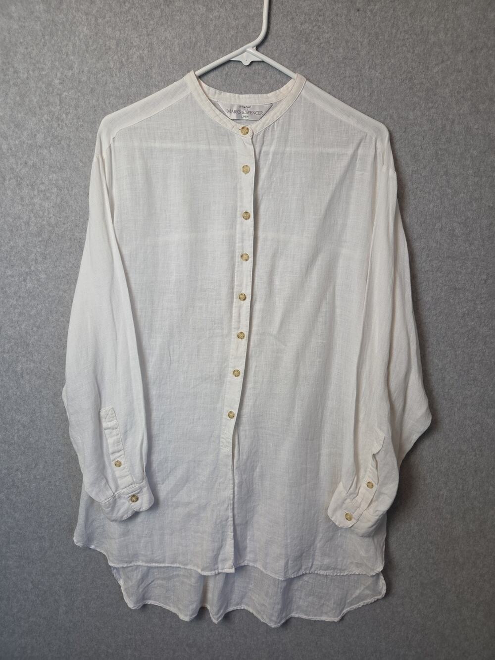 Vtg St Michael Marks & Spencer Linen White LS Button Up Tunic Womens UK 16 US 12